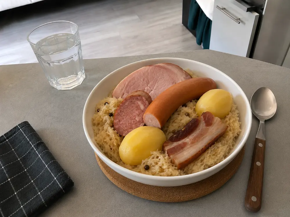 Choucroute garnie alsacienne avec charcuterie et pommes de terre