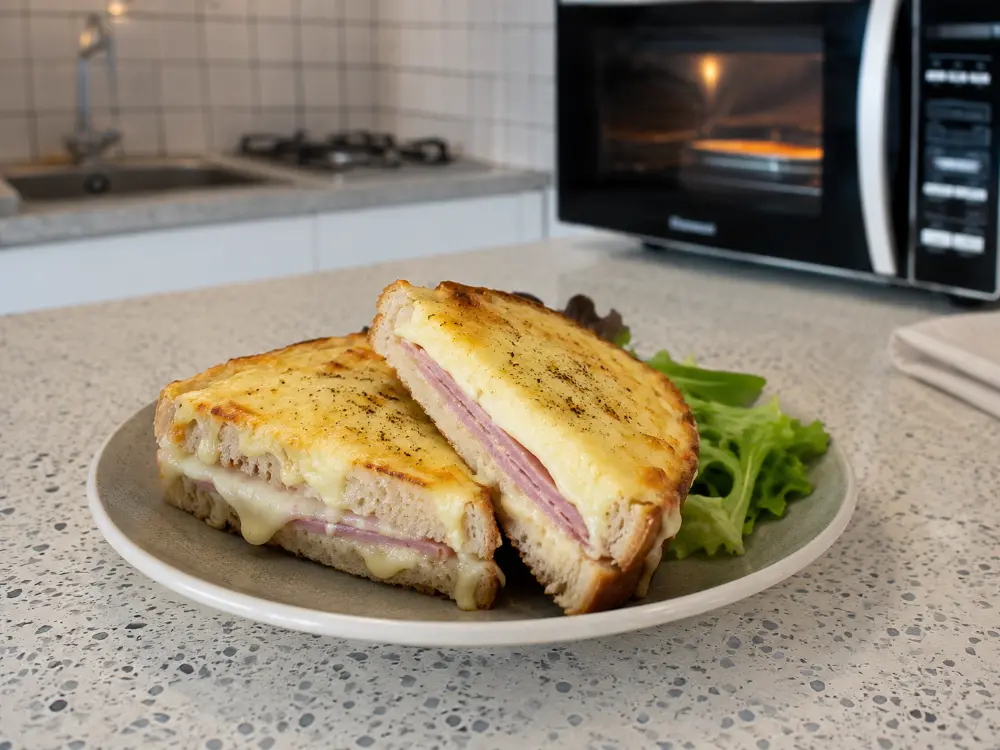 Croque-monsieur gratine au micro-ondes grill