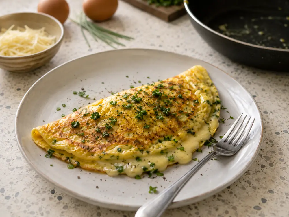 Omelette au fromage et aux herbes dans une assiette