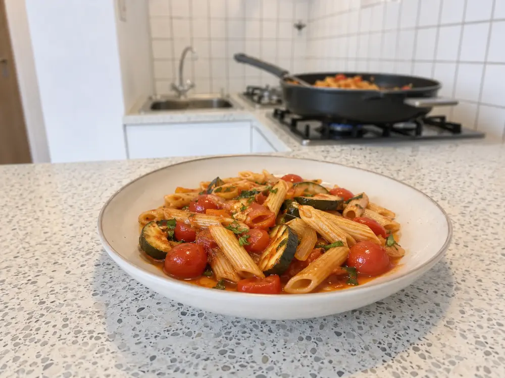 One pot pasta tomate et legumes servi dans une assiette