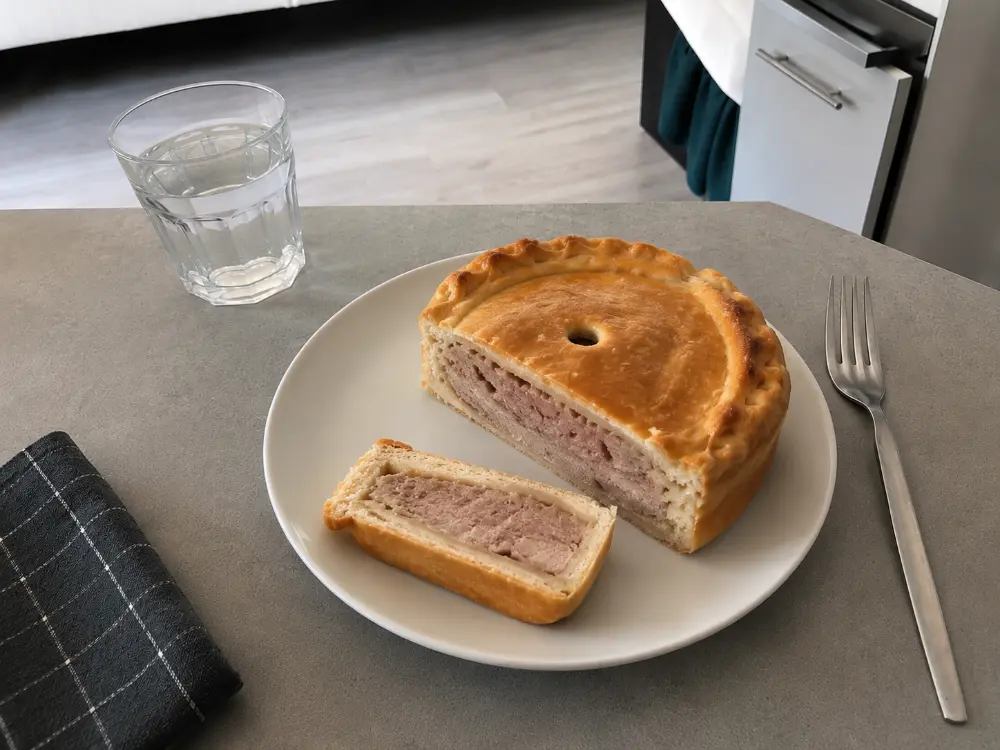 Pâté lorrain en croûte coupé en tranche dans une assiette