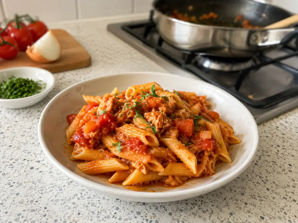 Pates au thon et a la tomate dans une assiette creuse