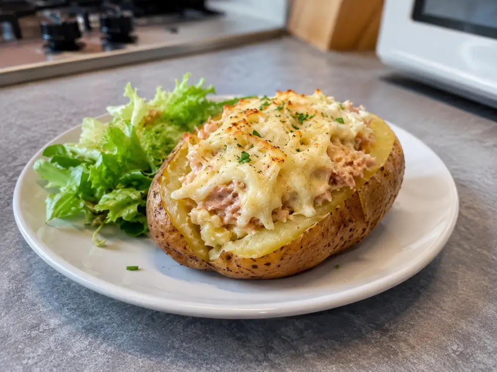 Pomme de terre garnie avec fromage et salade