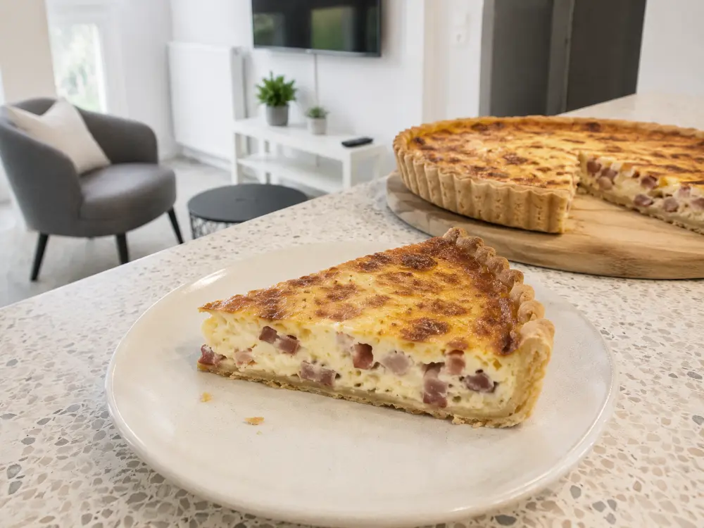 Part de quiche lorraine aux lardons servie dans une assiette