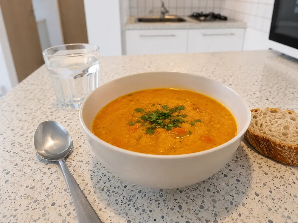 Soupe de lentilles corail servie dans un bol