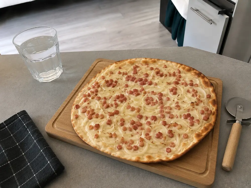 Tarte flambée alsacienne aux oignons et lardons